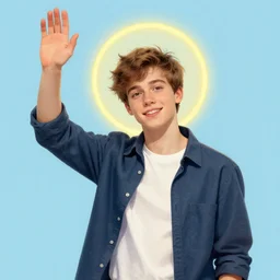 young male, halo, waving his arm, greg rutkowski