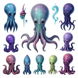 CGI lisa frank gothic punk vampiric underwater vampiric squid character designs of various shapes and sizes by genndy tartakovsky and ruby gloom and the creators of fret nice being overseen by Jamie Hewlett from gorillaz for a splatoon game by nintendo