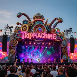 an outdoor festival stage with audience, neon letters tripmachine, center of the stage is a big futuristic steampunk machine with gears and belts and tubes, surrounded by big loudspeakers, rock musicians on the stage, laser show, 8 k, fluorescent colors, halluzinogenic, multicolored, exaggerated detailed, unreal engine