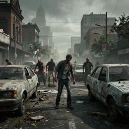 Zombie apocalypse, city, zombies and abandoned vehicles in the streets, Octane Render