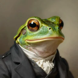 a head and shoulders portrait of an anthropomorphic frog wearing a suit looking off camera, a character portrait by john trumbull, american romanticism, soft focus