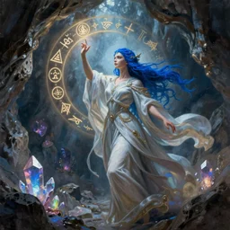 blue haired female god casting a spell using sigils, flowing robes, cave with glowing crystals, fantasy, dramatic lighting, detailed painting, greg rutkowski, 8 k,