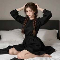 beautiful woman with braided brown hair, wearing a black dress, sitting on her bed, hands in her hair, black colors, highly detailed, in the style of and ilya kuvshinov and greg rutkowski, high quality anime artstyle, intricate