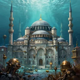 a steampunk istanbul, underwater, digital painting, mixed media, trending on artstation and deviantart, epic composition, highly detailed, 8 k