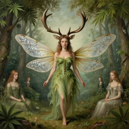 matte symmetrical portrait of cannabis fairy with elk antlers and dragonfly wings. a surrealist interior mental landscape by hieronymus bosch, cyril rolando, esher and natalie shau, whimsical, profound, impossible. trending on devaintart.