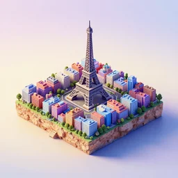 isometric diorama full view of small island of paris city block on a pale pastel gradient background, ultra detailed, hd textures, sharp focus, volumetric light, depht of field, by filip hodas, featured on polycount, cubo - futurism, colorful, voxel art, diorama, cityscape, octane render, no crop!!!