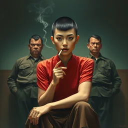 wide full body shot of buzz cut hair asian female wearing red and brown clothes, sitting and smoking, three males standing behind her with angry faces, diffuse lighting, propaganda art, highly detailed, lifelike, photorealistic, digital painting, smooth, sharp focus, art by john collier and albert aublet and krenz cushart and artem demura and alphonse mucha