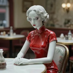 movie still of a woman made out of porcelain sitting at a table in a cafe, wearing a red cheongsam, smooth white skin, creepy, directed by Guillermo Del Toro
