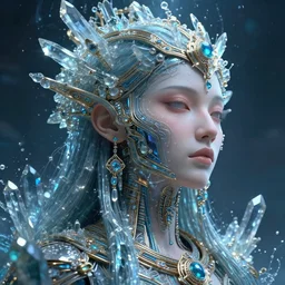 a highly realistic detailed beautiful divine tribal high priestess and water with adornments of crystals wide hdr whole infinite capsule apparent with awe an idea seep's into infinity, face axonometric mechanical fantasy intricate elegant, in void of latent space, volumetric lighting h 5 1 2