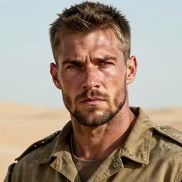 portrait of muscular, tired and alcoholic 3 0 - year - old handsome man with short darkblonde hair, serious sad look in his eyes, dirty beard, blue eyes, crying, wearing dirty soldier uniform, on the desert, hyper realistic face, beautiful eyes, character art, art by mark brooks, hyperdetailed, cryengine, trending on artstation, digital art