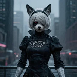 new york city portrait of 2B nier automata as a furry anthro anthropomorphic animal person fursona wearing skin tight clothes muzzle gloomy rainy screenshot from the video game cyberpunk 2077 digital art by Greg Rutkowski, Simon Stalenhag, christopher nolan trending on Artstation, CGSociety