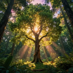 a very detailed, highly rendered, highly photorealistic, spectacular, lively, warm tree standing in a thickly vegetated forest in a fantasy world, realistic, high definition, dreamlike light incidenc, holy light shining on it, during a colorful sunraise, award winning picture, trippy