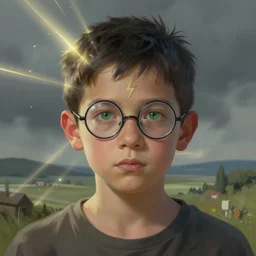 portrait of 1 7 - year - old boy thin face, black hair, green eyes, round glasses, scar on forehead as a bolt of lightning, digital painting, 4 k, rays of light, particles light, artstation, kuvshinov ilya, landscape by noah bradley