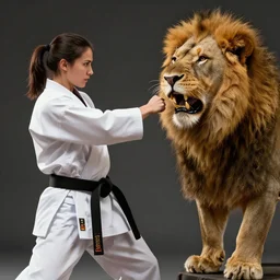 woman karate chopping a lion in the face, detailed, artstation, 4k