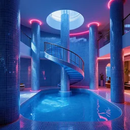 dreampool rooms, neon ceramic tiles, spiraling stairs, blue sunlight coming through columns of neon tile