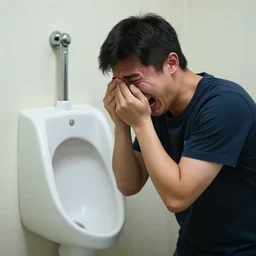 man crying hard because he was reincarnated as a urinal