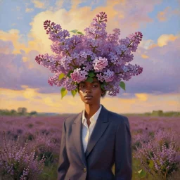portrait, giant lilac flower as head, black woman in suit in heather field, surreal photography, golden hour, colorful clouds, impressionist painting, digital painting, artstation, simon stalenhag