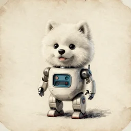 a cute retro white samoyed robot!!!!!! ( ( ( alcohol ink on parchment, muted colors, shading!!!, detailed, textured parchment background, 1 9 5 0 s concept art ) ) )
