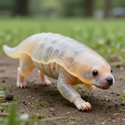 a photo of a living dog - sized tardigrade with translucent skin walking in a park. the tardigrade evolved to be this large.