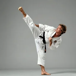 Werner Herzog doing a flying karate kick, action photography, incredibly detailed, award-winning,