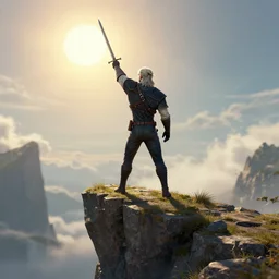 the witcher standing at the edge of a cliff with his sword pointing up to the sun, artstation, cgsociety, 3d concept art