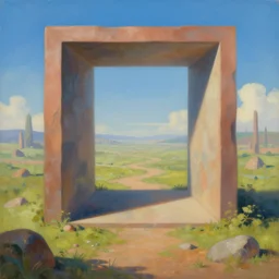 surreal painting of a dimensional gateway leading into a 3d rendered surreal landscape environment by ferjo