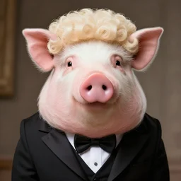 A photograph of a pig in a tuxedo and wig.