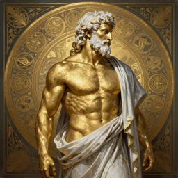 painted back portrait of rugged zeus greek god by greg rutkowski craig mullins artgerm alphonse mucha streaked gold body paint, white hair handsome muscular upper body mature flowing robe [ ancient greek motifs ] background fantasy intricate elegant detailed digital painting concept art artstation sharp focus illustration
