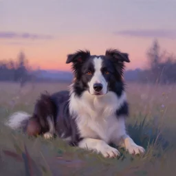 a highly detailed illustration of a border collie lay down in an ethereal place at dusk, by james jean, by simon stalenhag, pastel shades, volumetric lighting