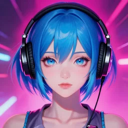 face portrait of a beautiful anime girl with short blue hair wearing a headphone, synthwave, perfect face details, symmetry, digital painting, trending on artstation and deviantart, epic composition, vibrant, dynamic, highly detailed, ross draws, wlop, 8 k