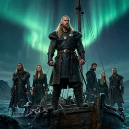 masterpiece concept art, a beautiful highly detailed, a viking standing on a crashed ship with the northern lights in the background, emotional, cinematic moody colors, realistic shaded lighting poster by ilya kuvshinov, magali villeneuve, artgerm, jeremy lipkin and michael garmash and rob rey