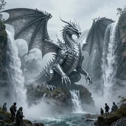 a concept art of a silver mercury cthulhu dragon emerging from waterfalls, beautiful landscape, lovecraftian, by daytoner daniel hahn and hr giger and wadim kashin and jeremy mann, highly detailed, mid day, dramatic lighting, octane lighting, concept art, octane render, c 4 d, artstation, hd, clear, sharp, ominous, misty, unsettling, 8 k