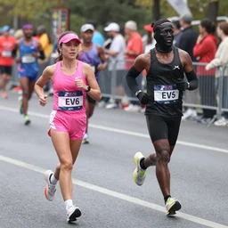 two persons running a marathon, lady pink, revs, invader, is the wiz