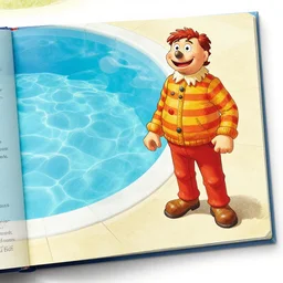 where's wally book page highly detailed, swimming pool setting