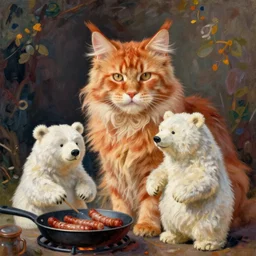 beautiful impressionist painting of a orange maine coon with a white bears cooking some sausages on a pan