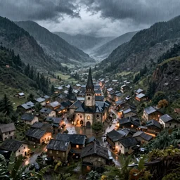 the center of a poor medieval town under heavy rain at late night, in a valley, surrounded by mountains, highly detailed, octane render, ultra detailed cinematic, 8 k, widescreen, 1 6 : 9, hd