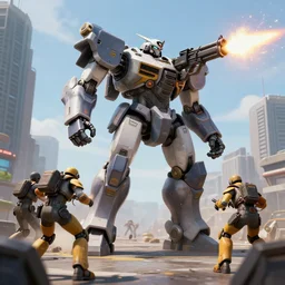 six meter tall mech firing a minigun in a city, action scene, battlesuits fight, unreal engine screenshot, action game, octane render, trending on artstation