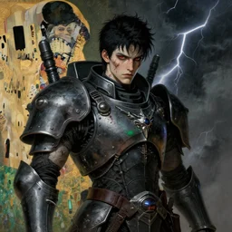 portrait of gothic and futuristic young man, warhammer, cyber armor, a lot of scars, thunderstorm, black head, red eyes, some green, the middle ages, highly detailed, artstation, in the style of moebius, jugendstil and classic japanese print, art by gustav klimt, jean delville