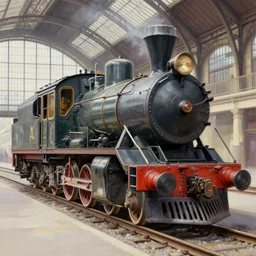 a neo vintage type 1 2 locomotive, detailed, paris railway station background, photorealism, volumetric lights, by moebius and ricardo robles, marco turini, oil, ink, gouache, 3 d concept art, octane render