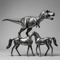 t rex and a horse with high heels, anamorphic, strange, movement, metal, black and white, photograph, 1 8 5 0 s