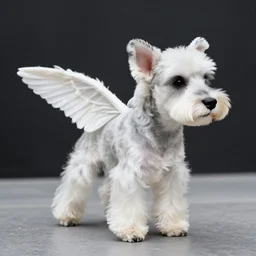 photo of a white schnauzer dog with two open wings on his back, 5 5 mm photo