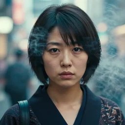realistic photography of a underdrug japanese yakuza woman 3 5 years old with a bit of bear, short hair, few wrinkles around eyes, sexy, cinematographic, street photography in tokyo, cinematic light, close up view, grainy image, intense, colorize, smoke and fog around, 5 0 mm lens