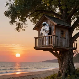 An astronaut in a tree house, on the beach, with a sunset, digital art, trending on artstation, HDR, By Thomas Kinkade