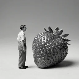 vintage black and white photo of a man next to a 2 story tall strawberry