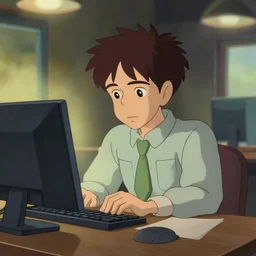 a wholesome animation key shot of tired office worker looking at his computer in a 9 0's style of office, medium shot, waist up, studio ghibli, pixar and disney animation, sharp, rendered in unreal engine 5, anime key art by greg rutkowski, unreal engine 5, bloom, dramatic lighting
