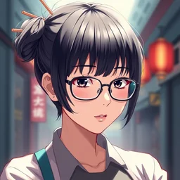 anime girl with short black hair and glasses, hair bun with chopsticks in it. stylized, beautiful lineart, depth focus, rankings pixiv, artstation,, soft lighting, srgb, 4 k artstation,, cinematic, by kadokawa, nitroplus, ilya kuvshinov, ross tran, leyendecker, wlop, guweiz