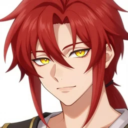 hisoka anime male 2 0 years old male overwatch moira mischievous sharp features very very narrow yellow eyes red red crimson soft hair thin lips arch eyebrows anime pixiv smooth skin hairstyle art by wlop ruan jia rutkowski