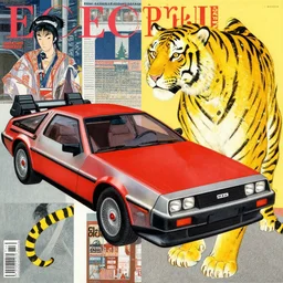 a red delorean and a yellow tiger, colourful magazine collage, art by hsiao - ron cheng and utagawa kunisada