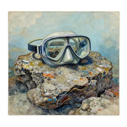 rocky sea floor vibrant glimmering thin contours mixed media aged fresco, abandoned scuba visor, james jean