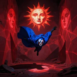 person falling into abyss dynamic shadows with abstract face makeup long blue cloak black gloves red light tessellation sun moon symmetrical facial features anime action scene video art installation by nam jun paik gottfried helnwein